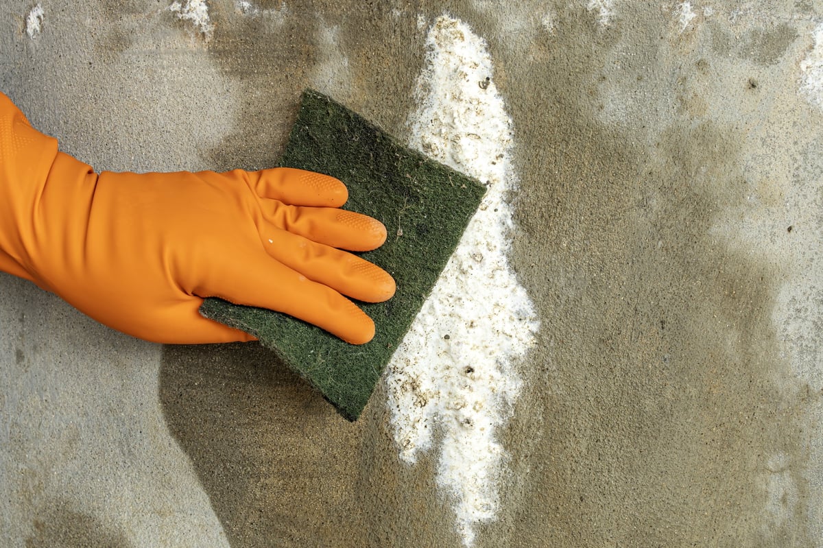 A close-up shot of a hand protected by a bright orange rubber glove vigorously scrubbing a white chalky stain, likely efflorescence or mold, from the surface of a rough, weathered gray concrete wall. The person uses a green abrasive sponge scrubbing pad, and the white powdery residue is visibly spread across the surface. This image represents home maintenance, cleaning, mold remediation, and property upkeep tasks performed with proper protective equipment.