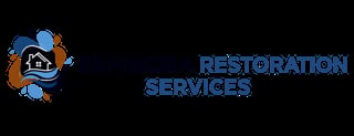 Logo for water restoration services featuring a stylized water droplet and house icon with blue and brown colors
