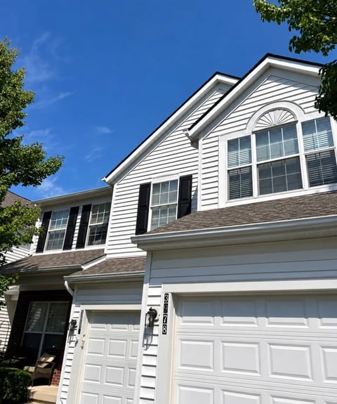 Two-story white suburban house with garage doors, upper windows, and leafy trees against a clear blue sky