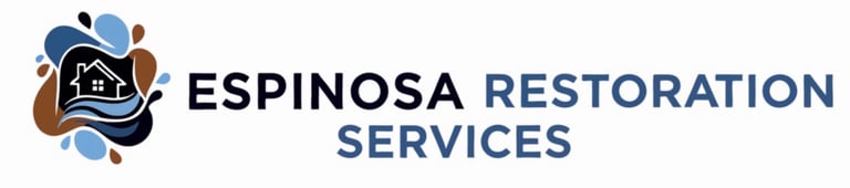Espinosa Restoration Services logo with house icon and colorful water splash design elements