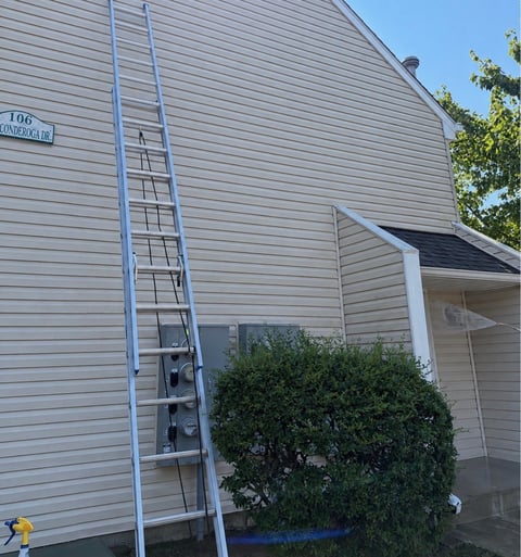 Blue ladder leaning against gray vinyl-sided house with shrub and garage visible
