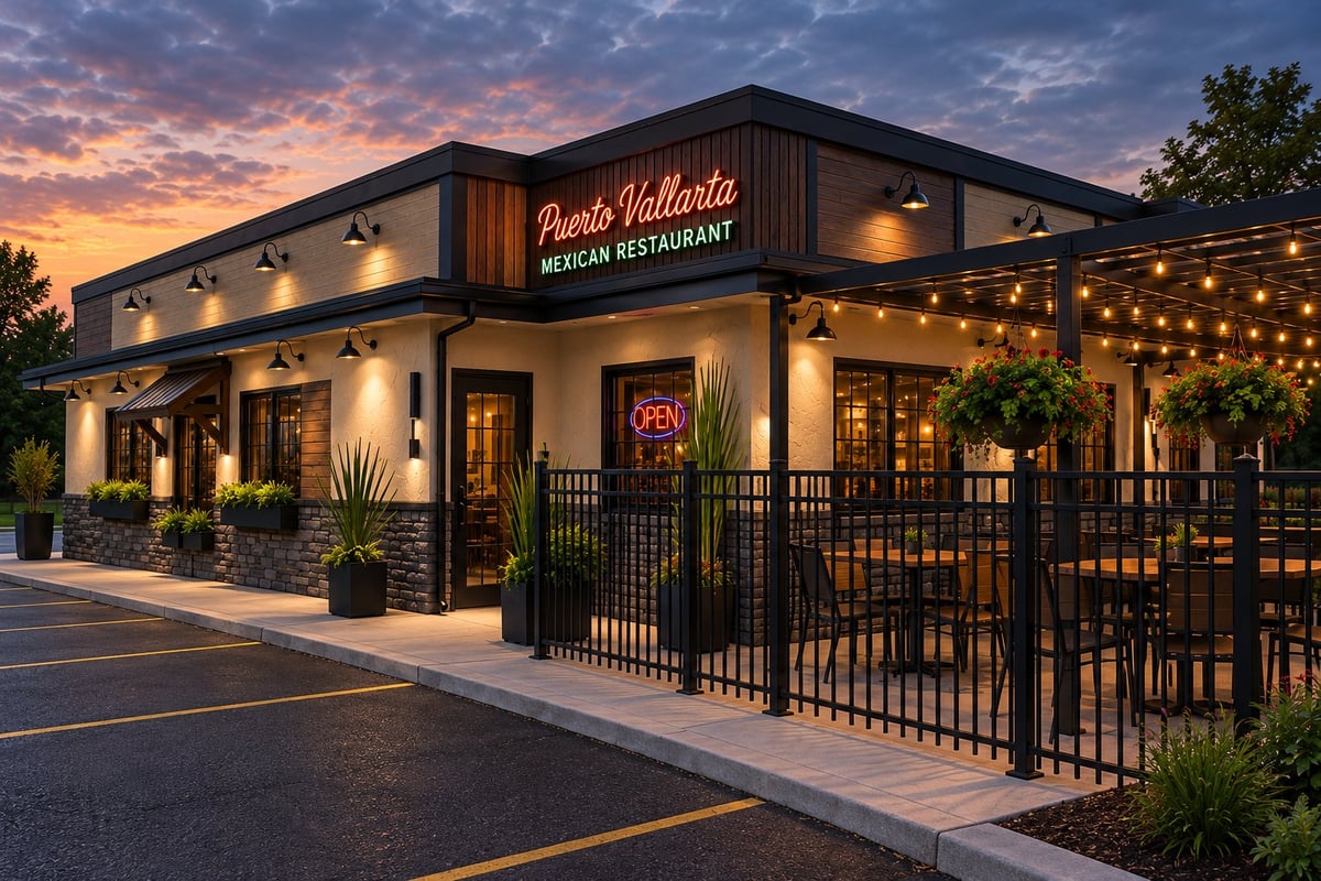 Proposed-design rendering of the Puerto Vallarta Restaurant patio at dusk, with illuminated signage, decorative string lights, and a fenced patio area.