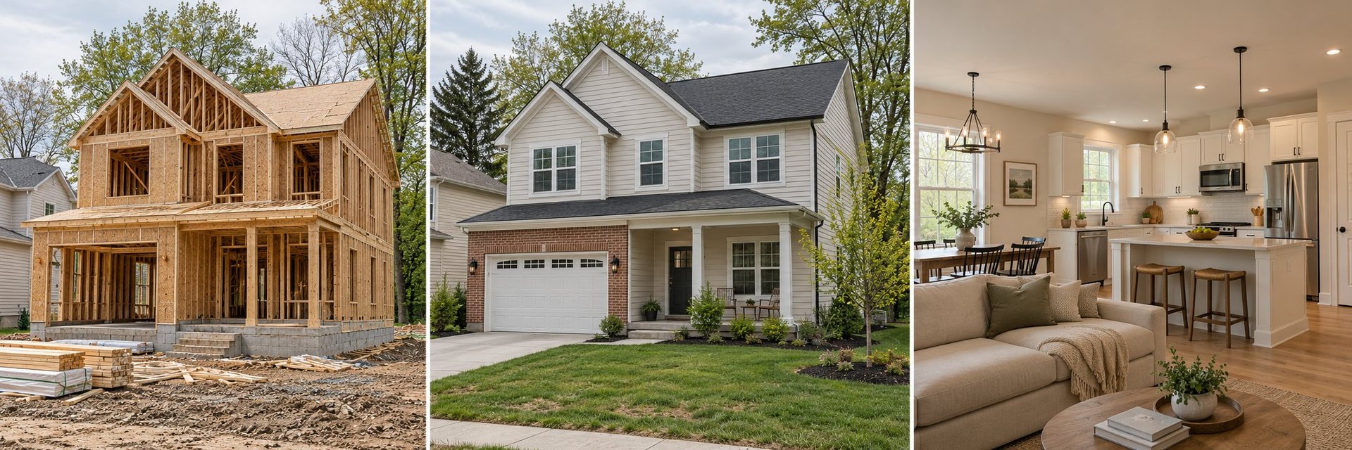 Three stages of home construction and design: wooden frame, completed exterior, and finished interior with living areas