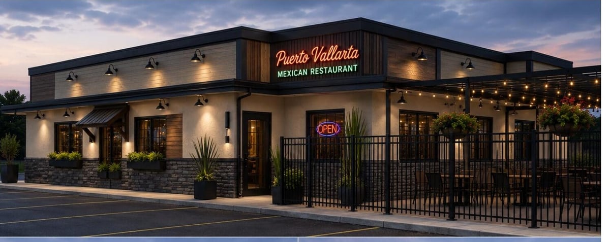 Proposed Contemporary Southwestern exterior design for Puerto Vallarta Restaurant in Heath, Ohio.