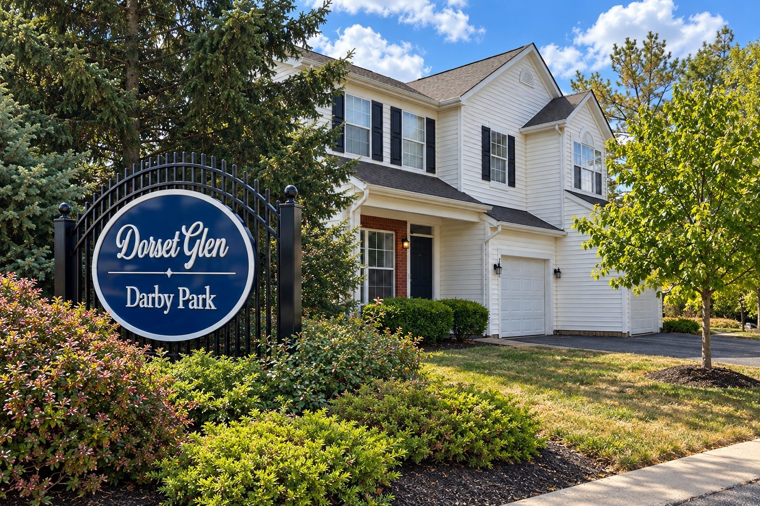 A two-story white house in Dorset Glen at Darby Park neighborhood with blue sign, landscaping, and curved driveway on sunny day