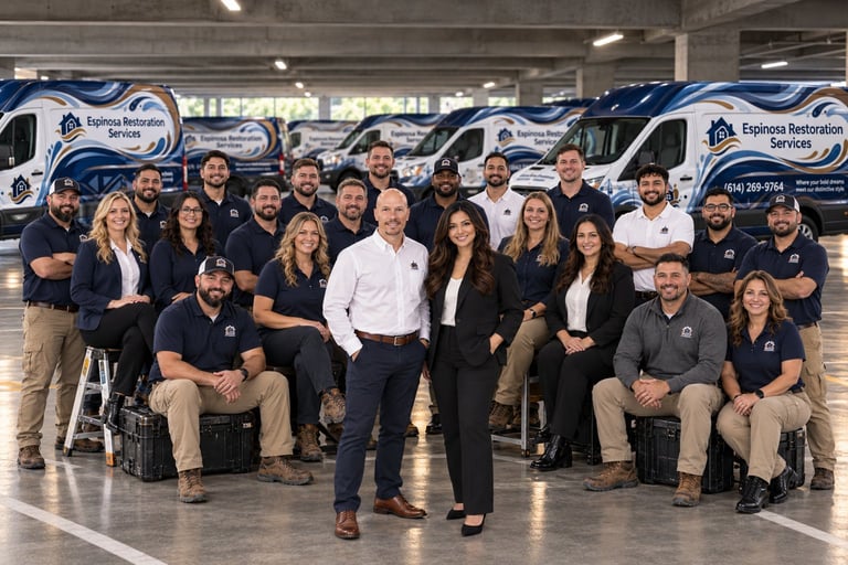 Team photo of employees posing in front of blue and white company delivery vans in an indoor warehouse facility