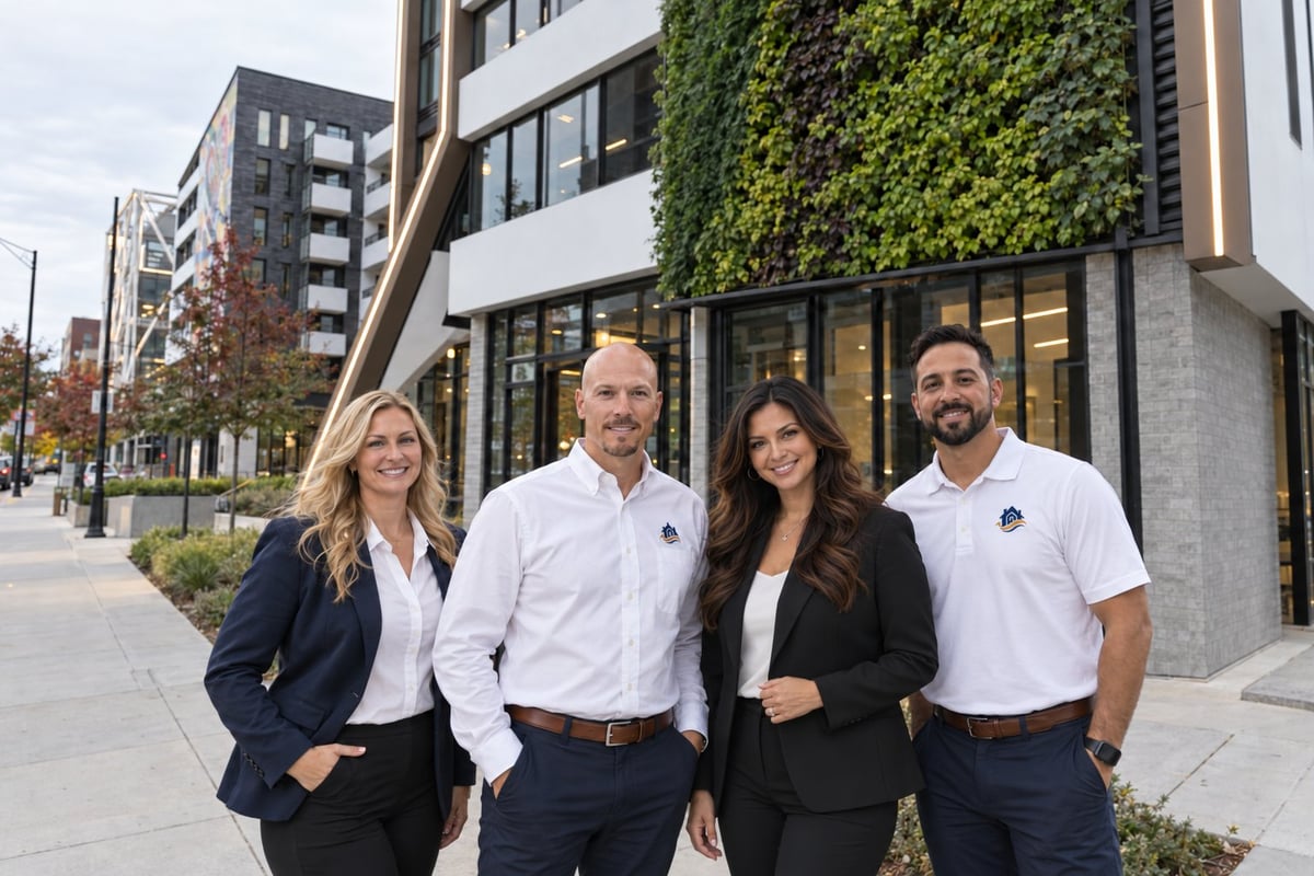 Four professional real estate agents posing outside a modern building with ivy-covered wall and glass storefront