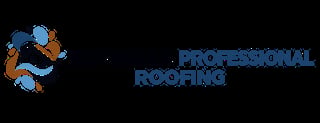 Professional Roofing logo featuring a stylized roofer with tools in blue and brown colors