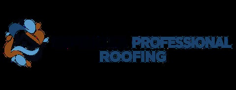 Professional Roofing logo featuring a stylized roofer with tools in blue and brown colors