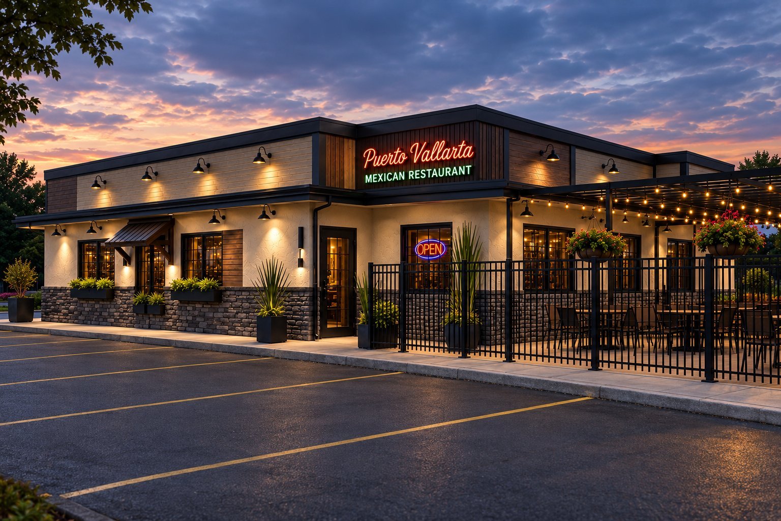 Proposed-design rendering of Puerto Vallarta Mexican Restaurant exterior at dusk, showing warm lighting, black metal fencing, and the purple sunset sky.