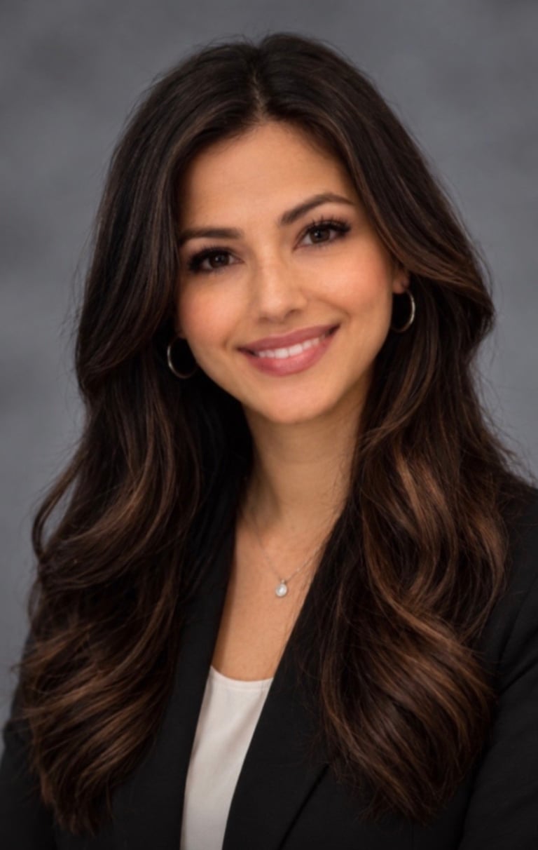 Professional headshot of a woman with long dark brown hair, smiling at camera, wearing a black blazer over white top against gray background