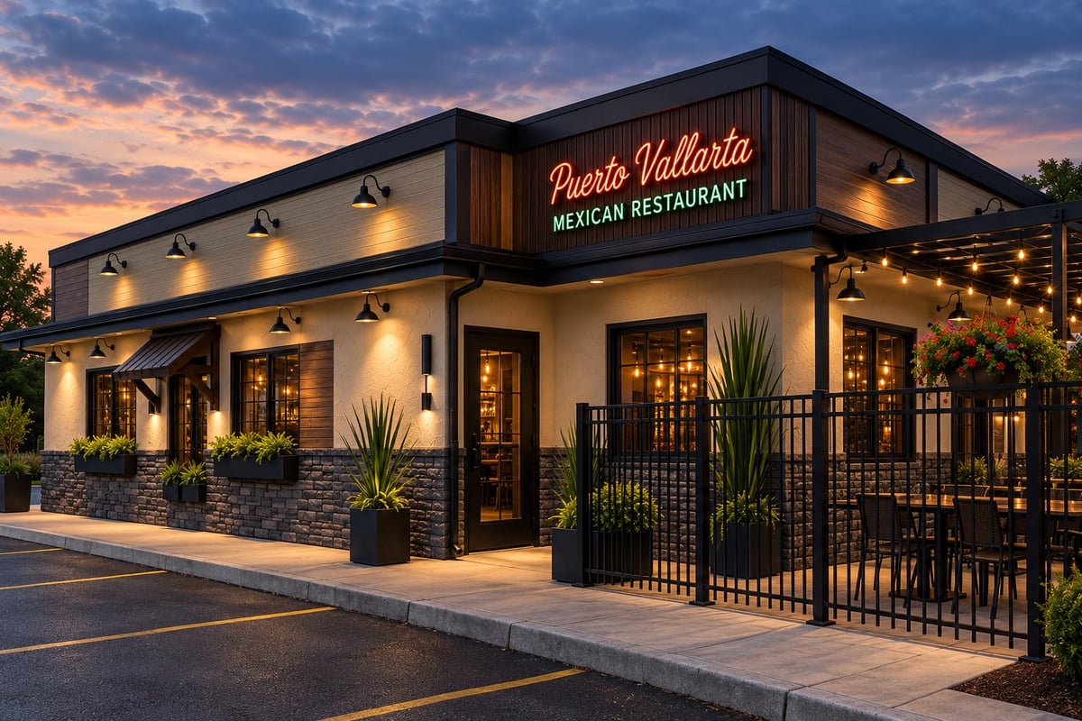 Proposed-design rendering of the Puerto Vallarta Restaurant entrance at dusk, with glowing lights, black metal gates, and stone accents.