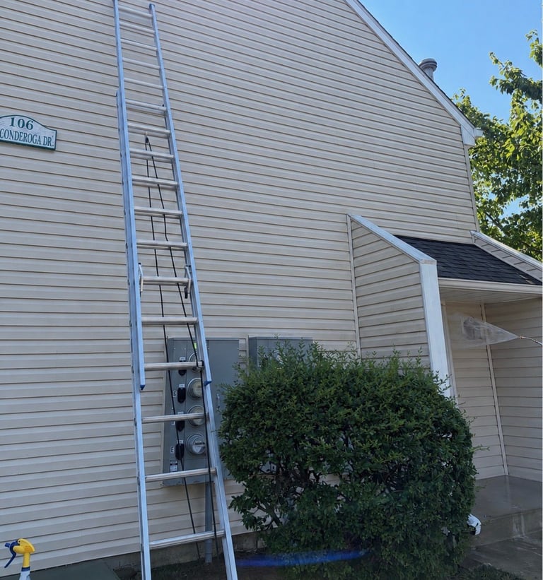 Blue ladder leaning against gray vinyl siding of a house with green shrubs and a white garage visible