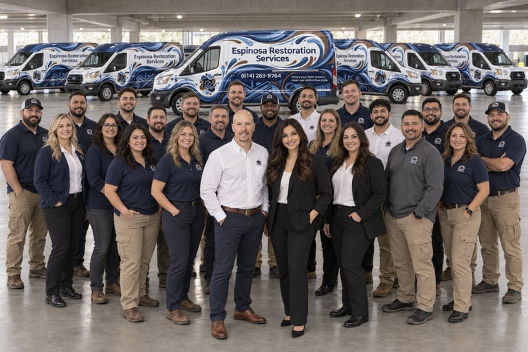 Team photo of Espinosa Restoration staff standing in front of multiple service vans in a warehouse facility
