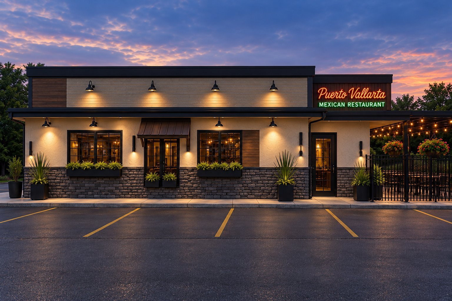 Proposed-design rendering of Puerto Vallarta Mexican Restaurant front elevation at dusk, showing the illuminated façade, neon sign, and parking lot.